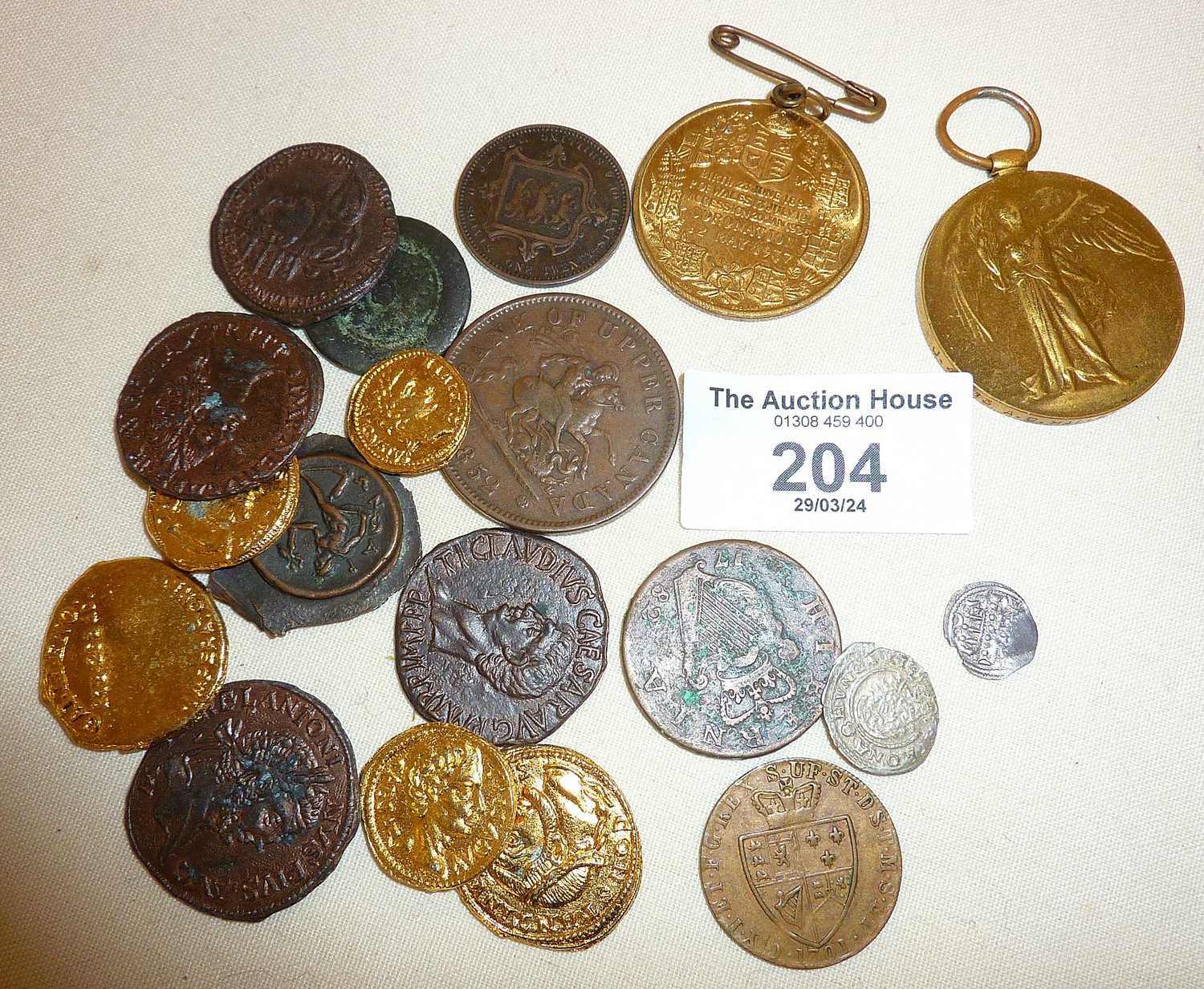 Reproduction Roman and other coins, and a WW1 medal for J.47713 A.C. HALLETT A.B. R.N. - Image 2 of 2
