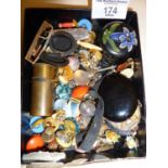 Jet mourning locket (broken), another similar, cufflinks, pocket microscope, earrings, badges and