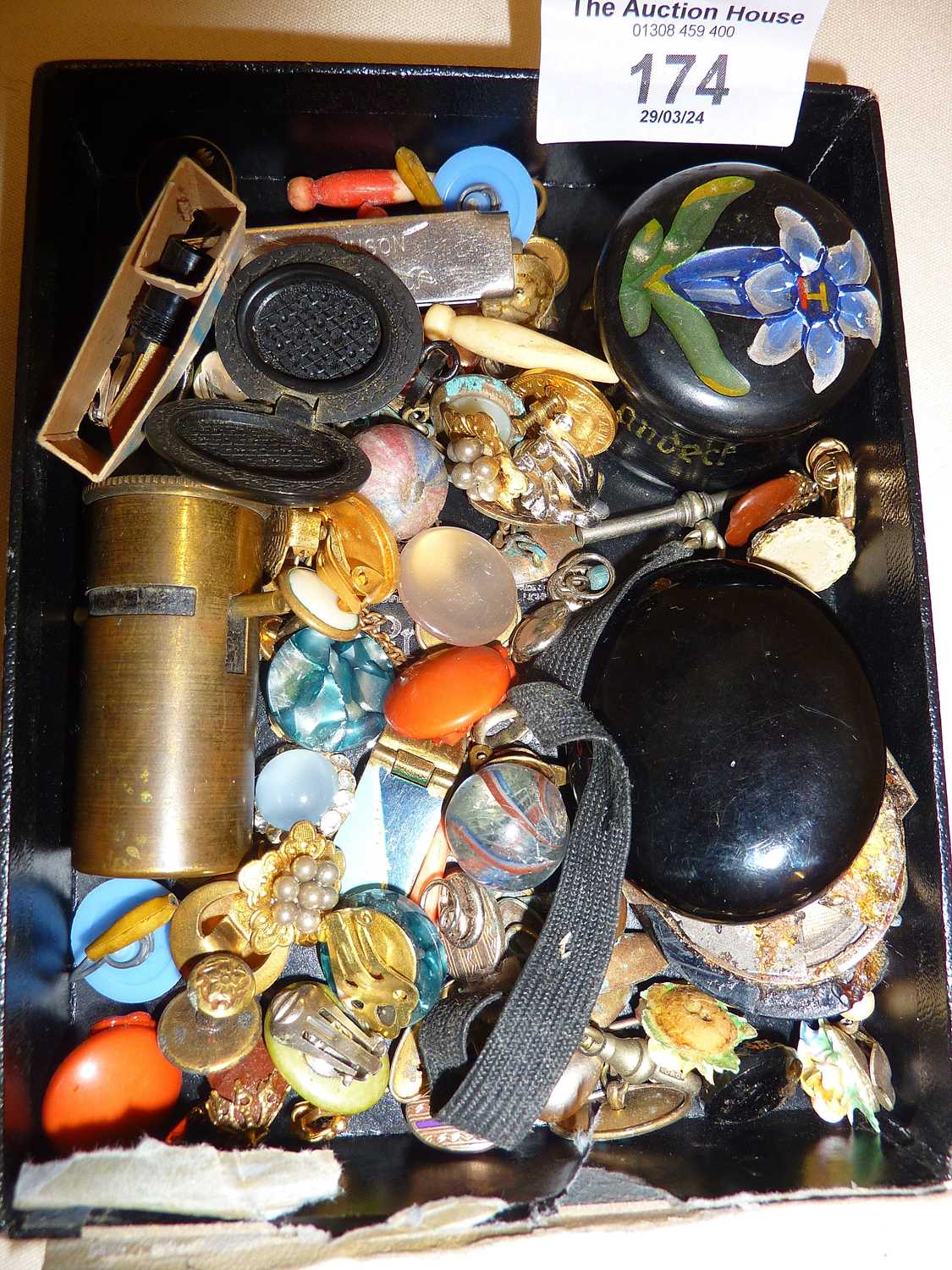 Jet mourning locket (broken), another similar, cufflinks, pocket microscope, earrings, badges and - Image 2 of 2