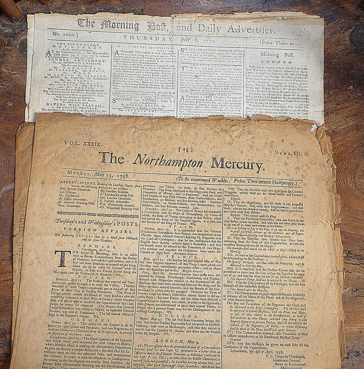 1758 issue of The Northampton Mercury newspaper and a 1779 Morning Post and Advertiser - Image 5 of 6