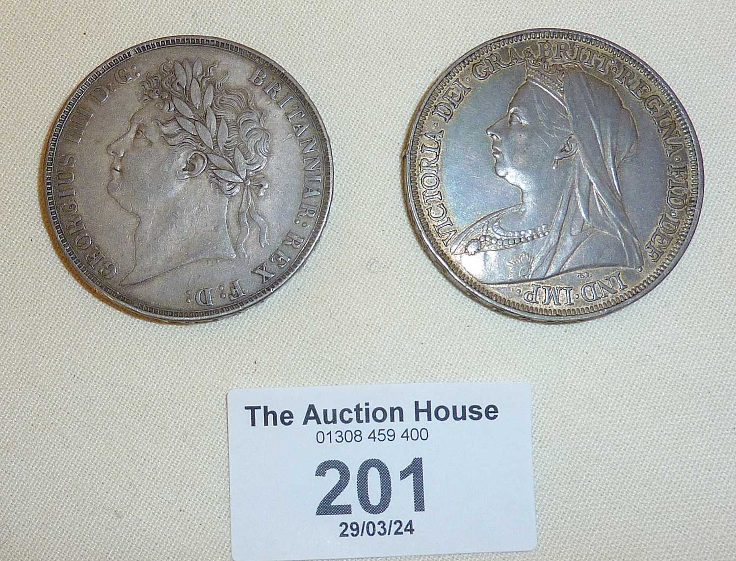 George IV 1821 Secundo silver Crown, and another 1897. Combined weight 56g - Image 4 of 4