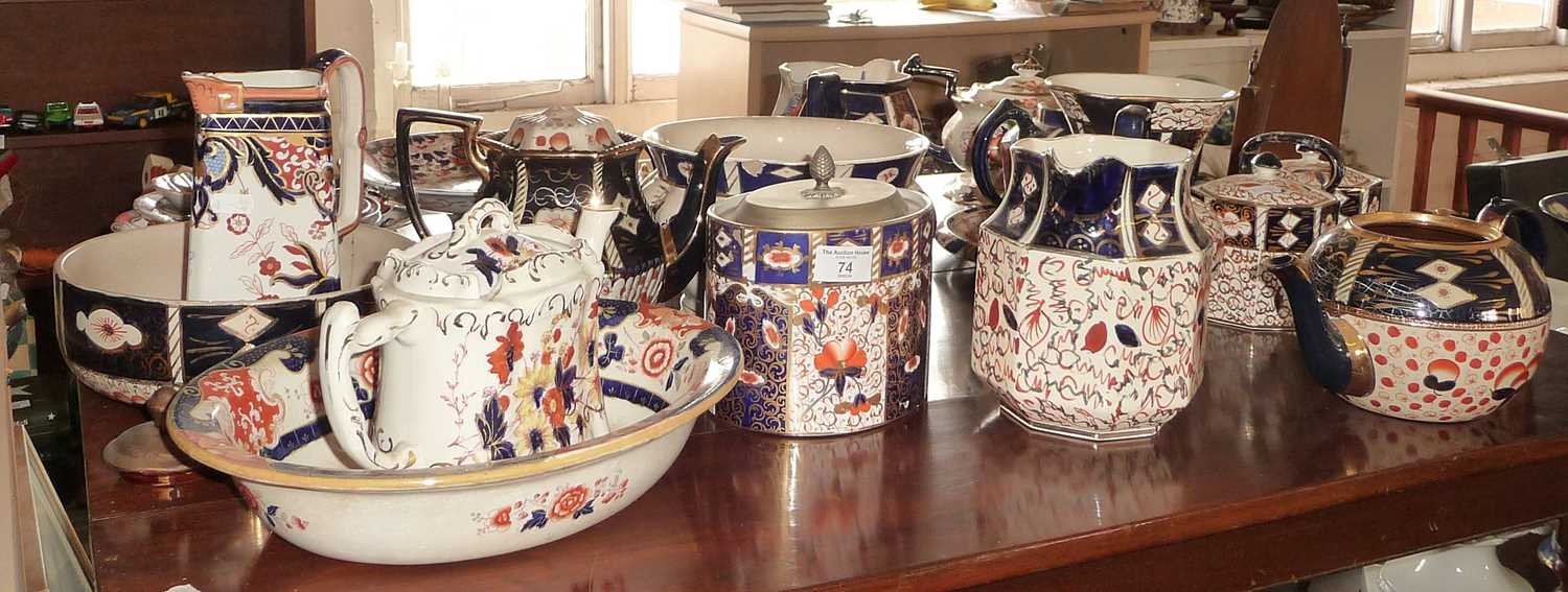 Large collection of Victorian Derby Imari-style & Wadeheath chinaware, inc. biscuit barrel, teapots,