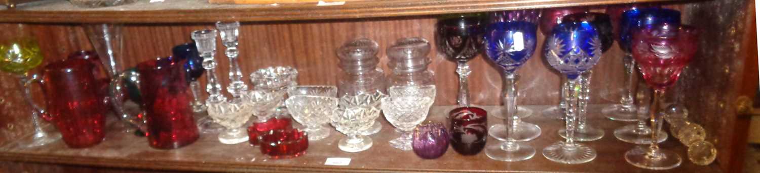 Collection of assorted glassware including Cranberry Jugs, four pairs of cut-glass salts, 15