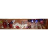 Collection of assorted glassware including Cranberry Jugs, four pairs of cut-glass salts, 15