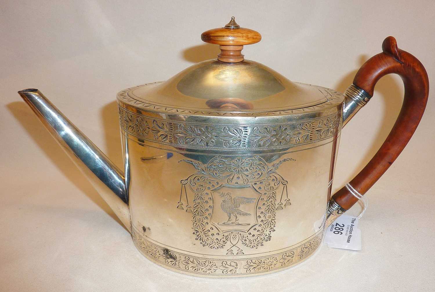 George III finely engraved silver teapot, hallmarked for London 1793, Henry Chawner, approx weight - Image 2 of 6