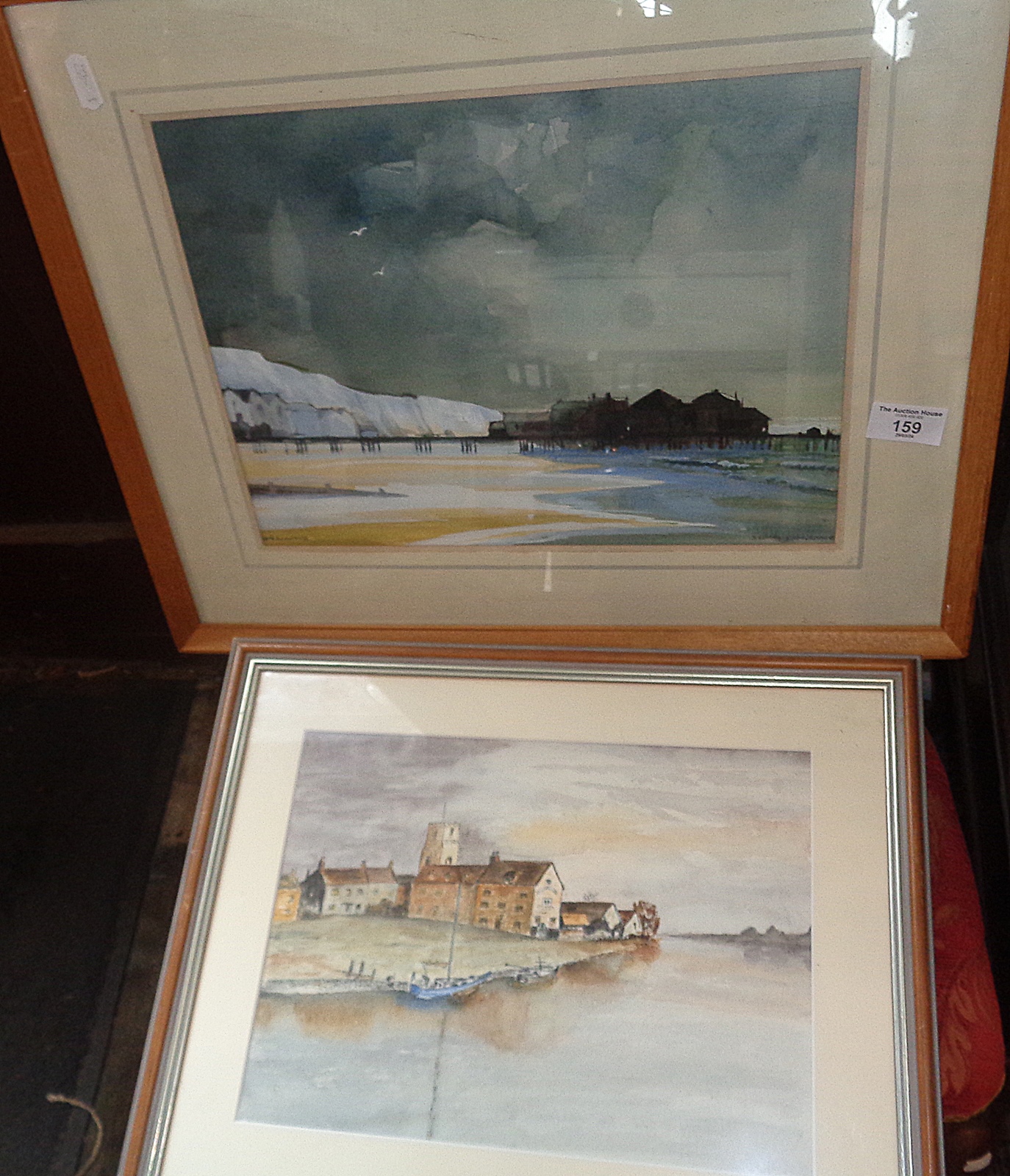 Watercolour of a pier and white cliffs by John Collins, and another watercolour