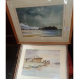 Watercolour of a pier and white cliffs by John Collins, and another watercolour