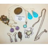 Silver and turquoise jewellery, vintage brutalist silver pendant on chain marked NPL, etc.
