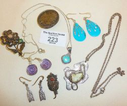 Silver and turquoise jewellery, vintage brutalist silver pendant on chain marked NPL, etc.