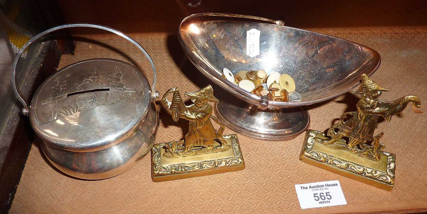 Sheffield plated bon bon basket, two brass mantlepiece ornaments of chinamen, and a French silver