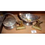 Sheffield plated bon bon basket, two brass mantlepiece ornaments of chinamen, and a French silver