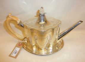 George III engraved silver teapot with pineapple knop and bone handle, hallmarked for London 1786,
