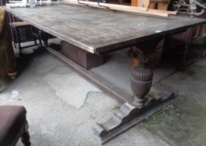 Oak refectory table having bold turned end supports with centre stretcher, 230cm long x 107cm