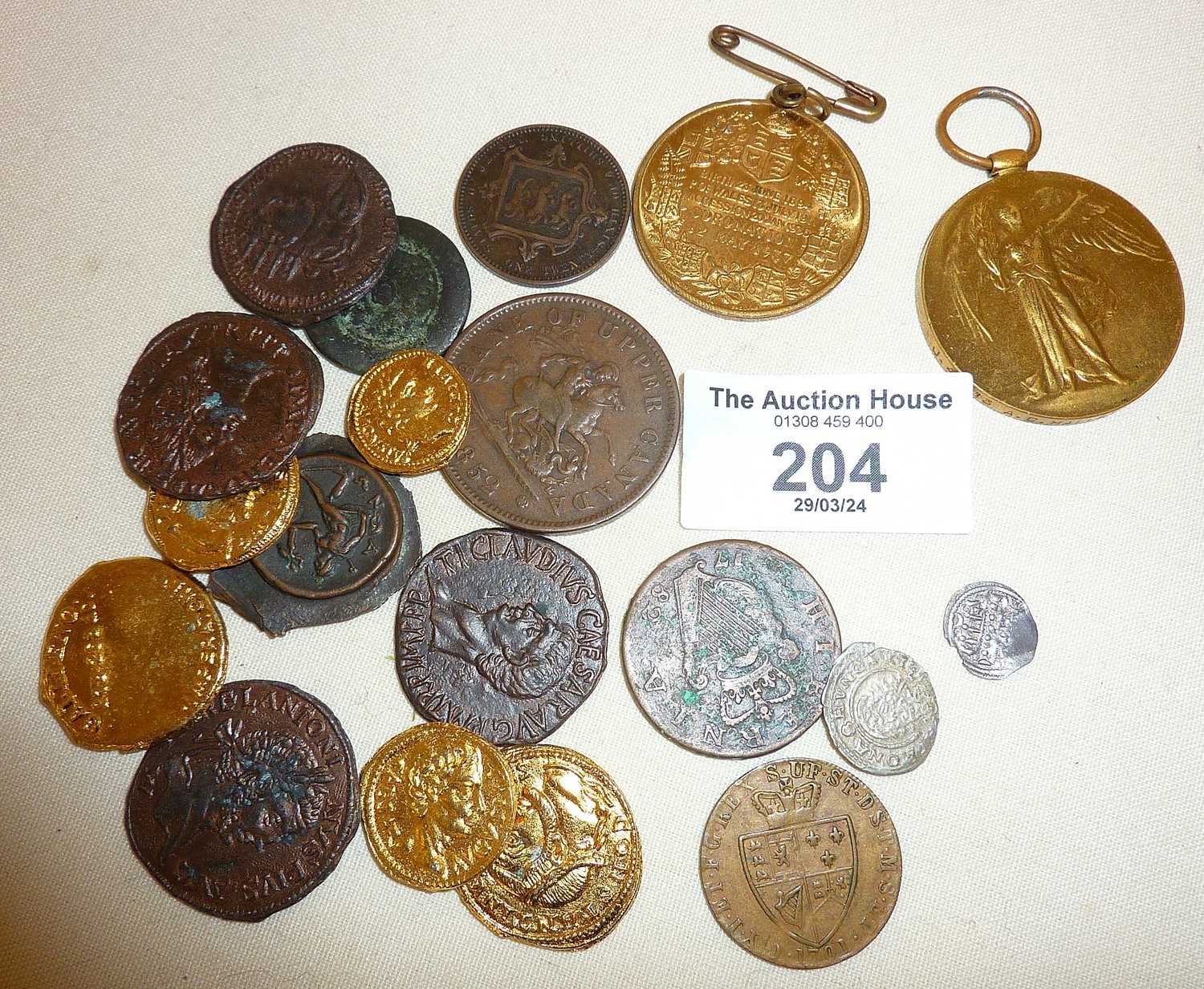 Reproduction Roman and other coins, and a WW1 medal for J.47713 A.C. HALLETT A.B. R.N.