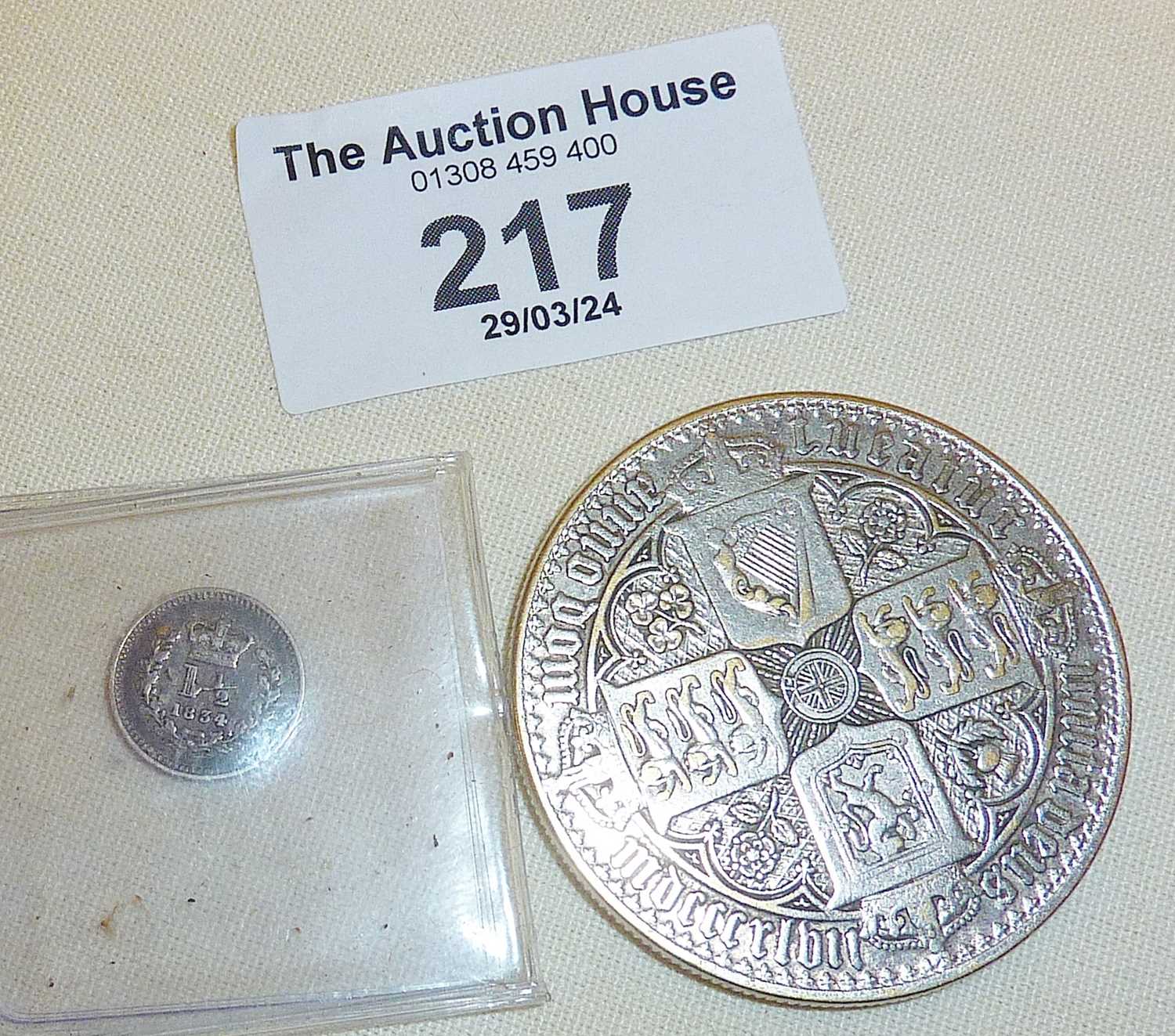 William IV 1834 one and half pence silver coin, and a Queen Victoria crown - Image 2 of 2