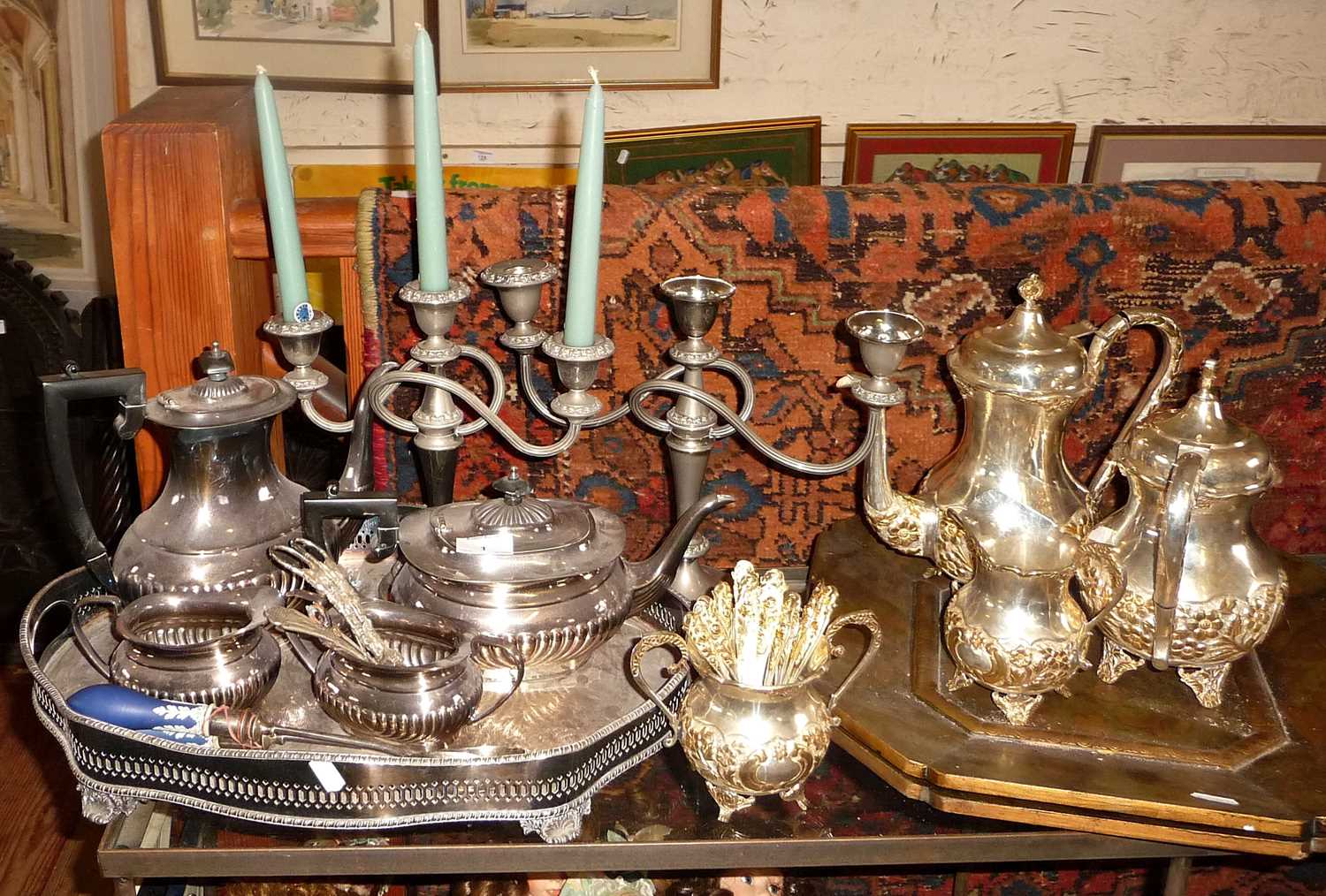 Silver plated teaset on galleried tray, pair of candelabra & others