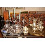 Silver plated teaset on galleried tray, pair of candelabra & others