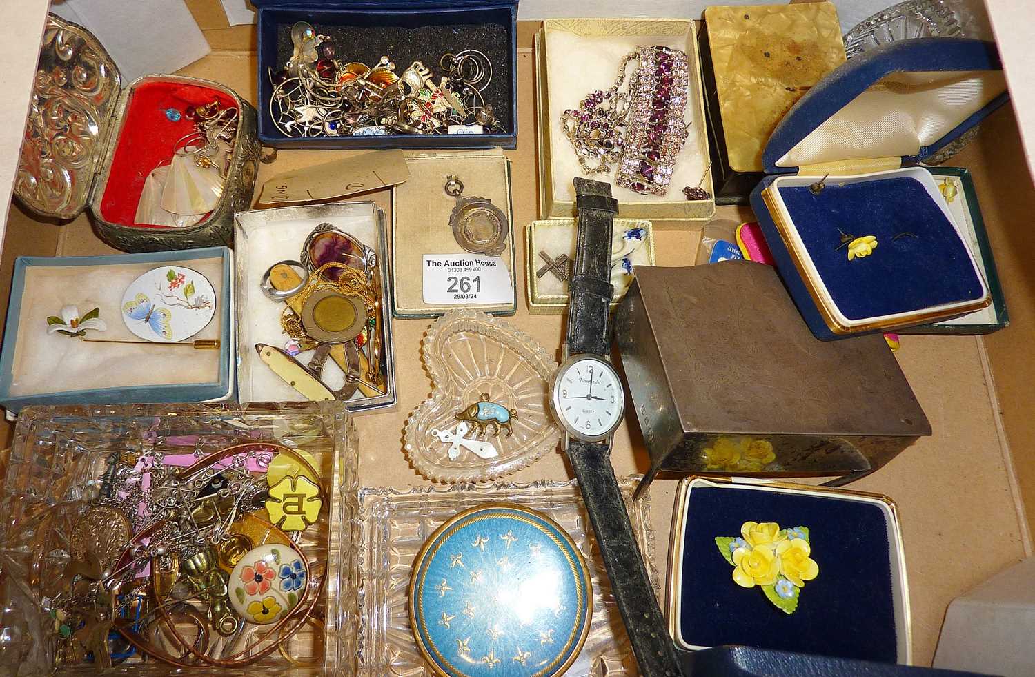 Vintage jewellery, some silver, hallmarked silver jewellery chest (missing a leg), old locket,