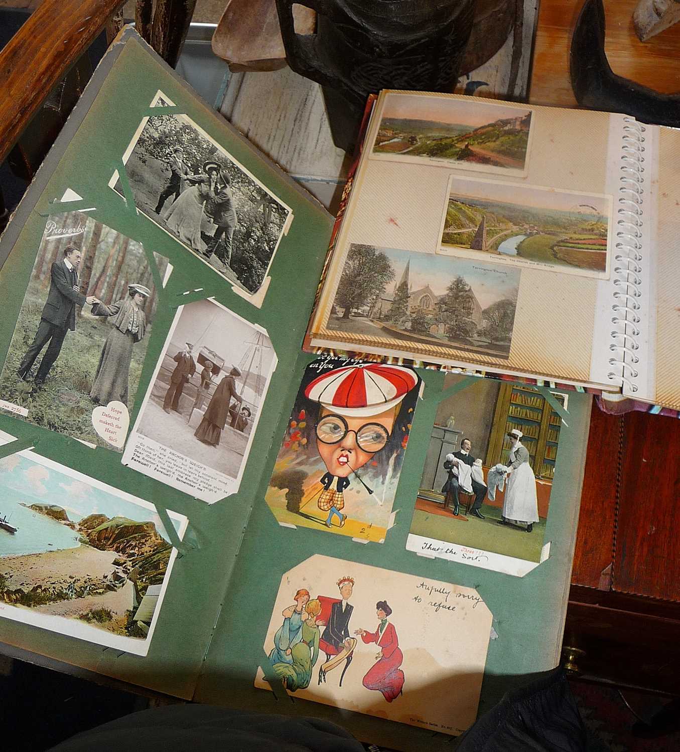 Two albums containing Edwardian postcards, some WW1 sweetheart/romantic theatre stars, Devon, etc.