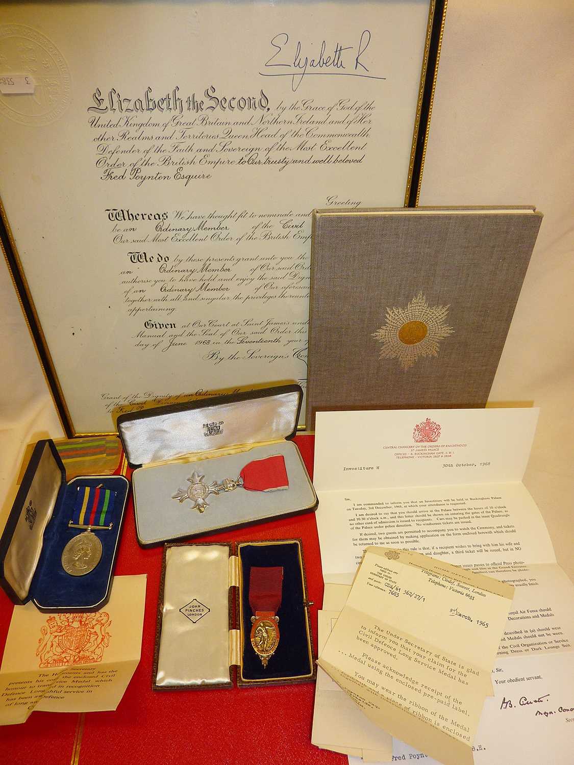 MBE medal in case, ERII Civil Defence Long Service medal and documents and ephemera relating to an