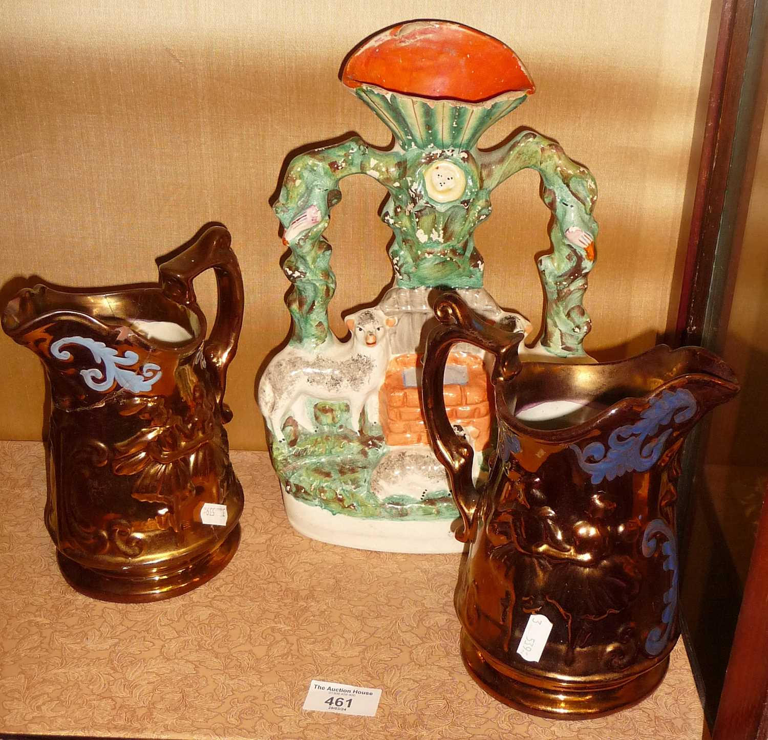 Victorian lustre jugs, and a Staffordshire flatback sheep group