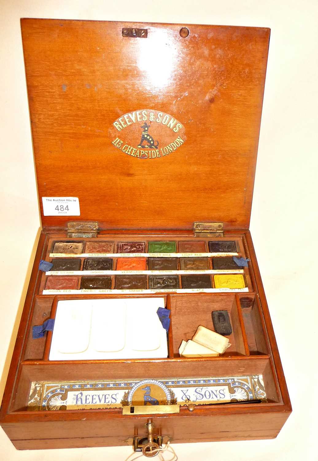 Reeves & Sons, Edwardian wooden watercolour paint box, with drawer under containing mixing palette - Image 4 of 8