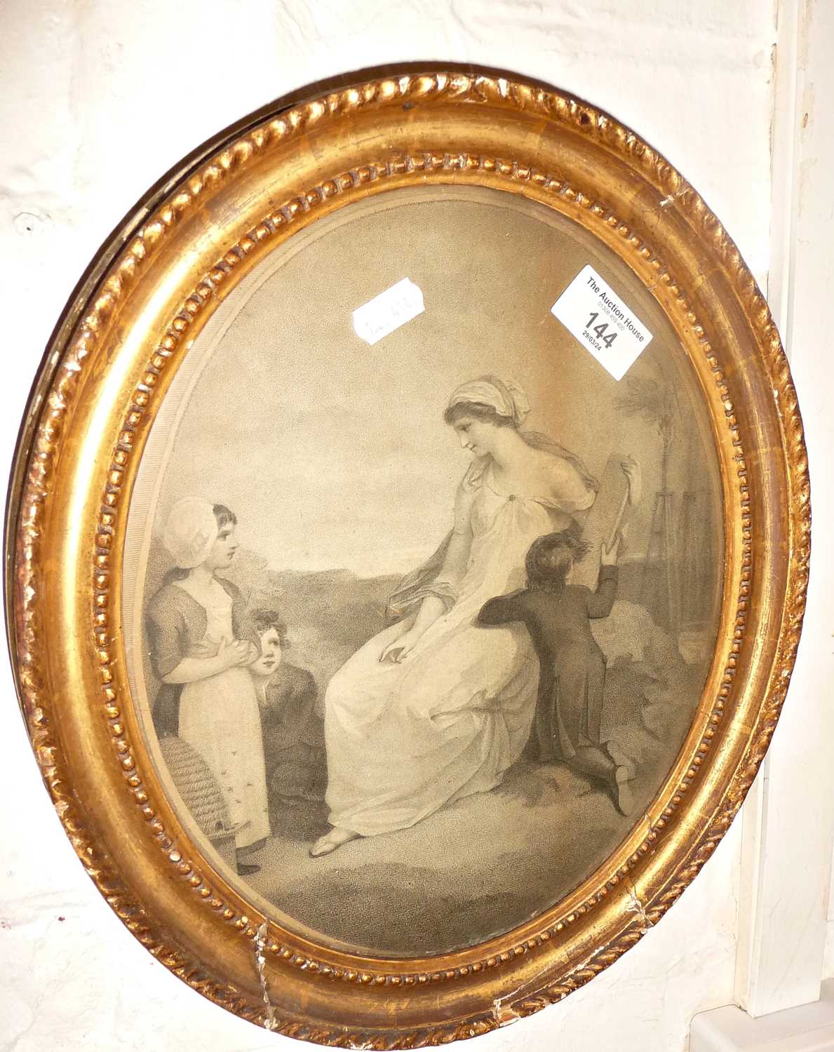 19th c. oval framed mezzotint of a woman with children and a beehive - Image 2 of 2