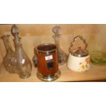 Silver plated mounted oak wine cooler & assorted glassware