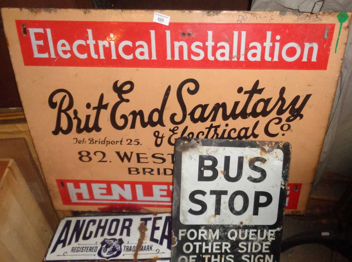 Enamel sign for Brit End Sanitary & Electrical Co. of West Street, Bridport, together with a smaller