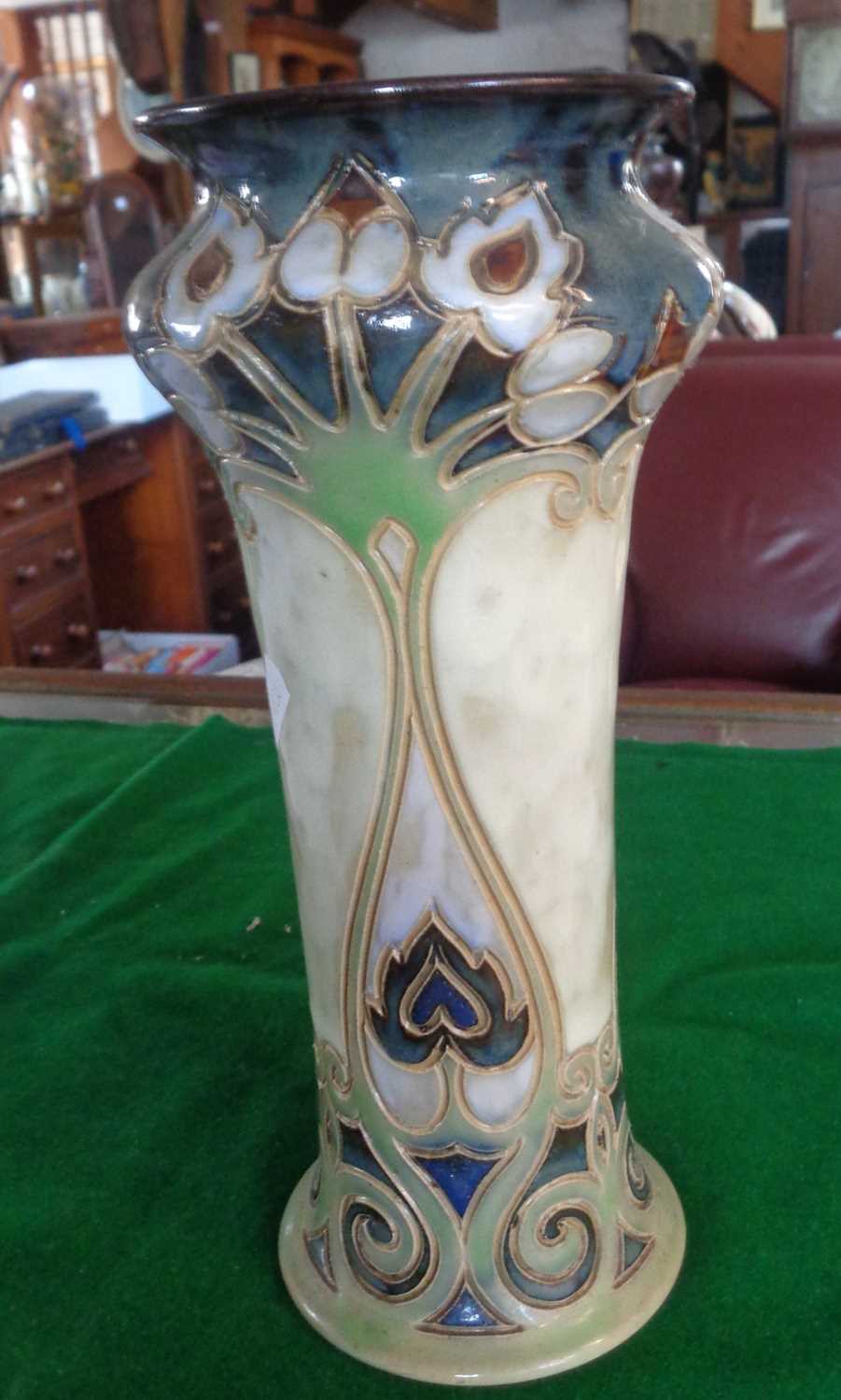 Royal Doulton Art Nouveau stoneware vase, 11" tall and a cut blue glass vase - Image 2 of 5