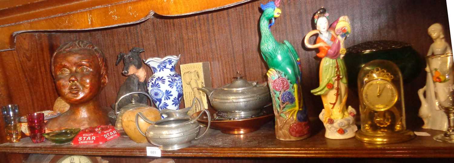 Chinese porcelain peacock, pewter teaset & glass ashtray etc - Image 2 of 2