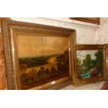 Victorian oil landscape on canvas in gilt frame, and a later similar oil on board