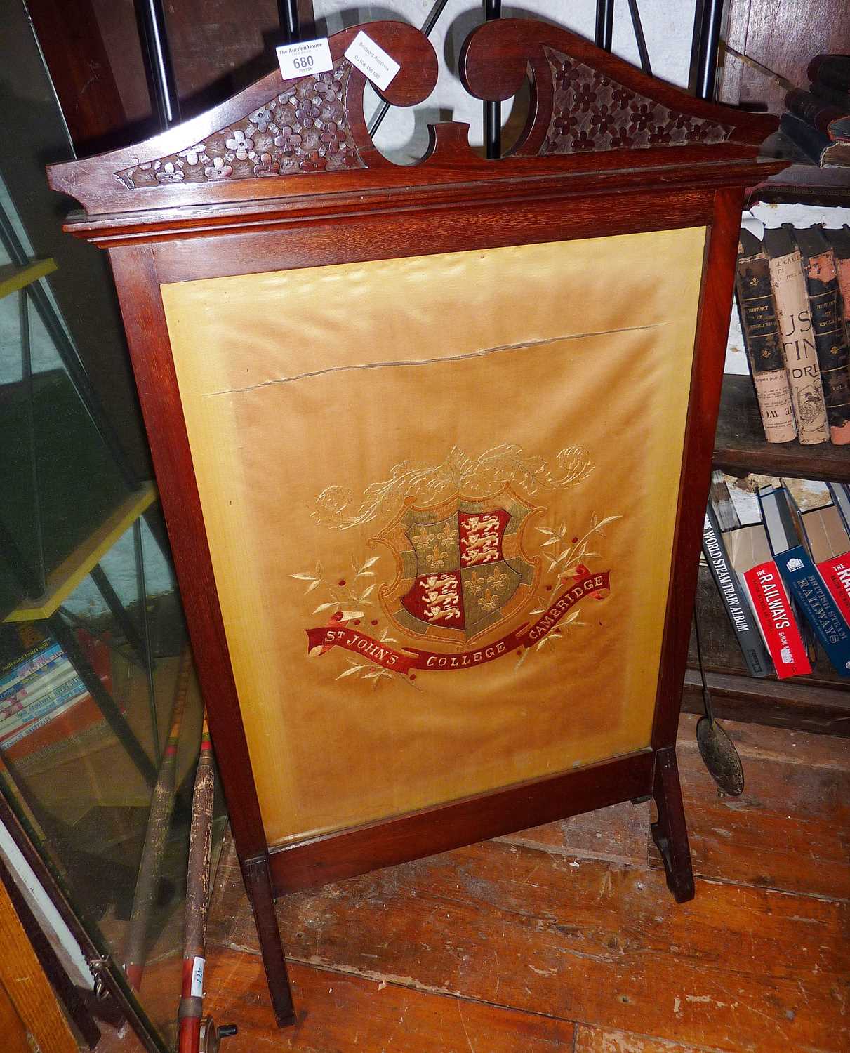 Arts & Crafts firescreen containing silk embroidered crest for St John's College, Cambridge (tear to