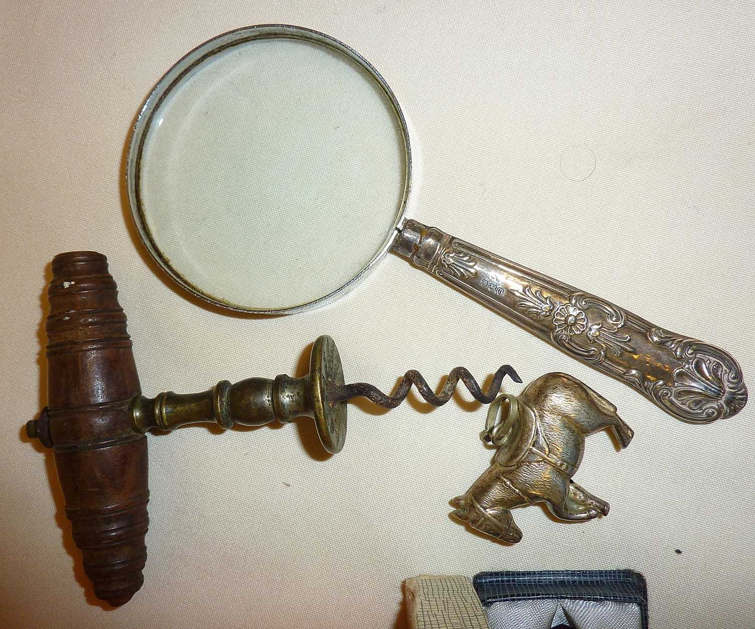 Lorgnettes, antique corkscrew with Henshall button, cannon model, silver handled magnifying glass, - Image 7 of 8