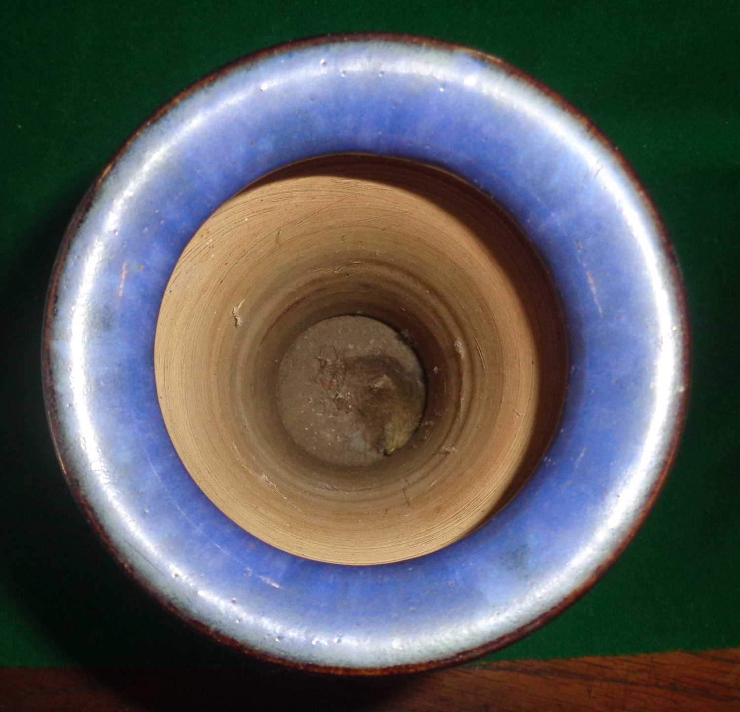 Royal Doulton Art Nouveau stoneware vase, 11" tall and a cut blue glass vase - Image 4 of 5