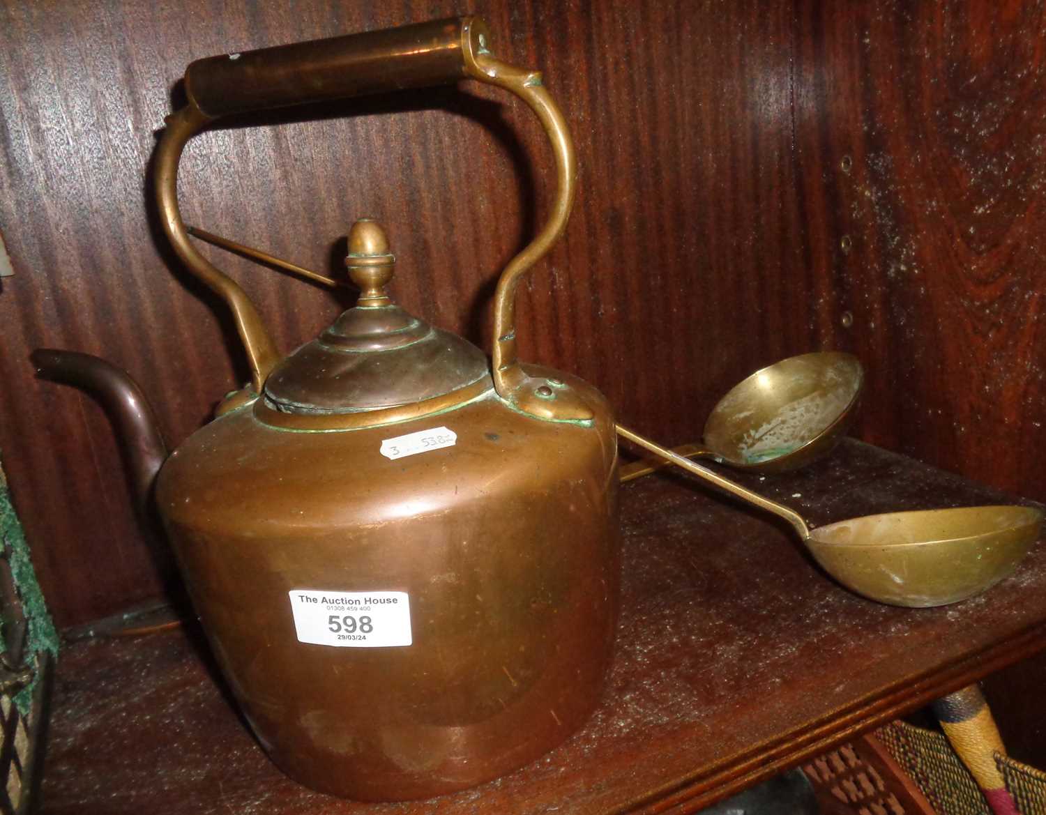 Victorian copper kettle & two brass ladles - Image 2 of 2