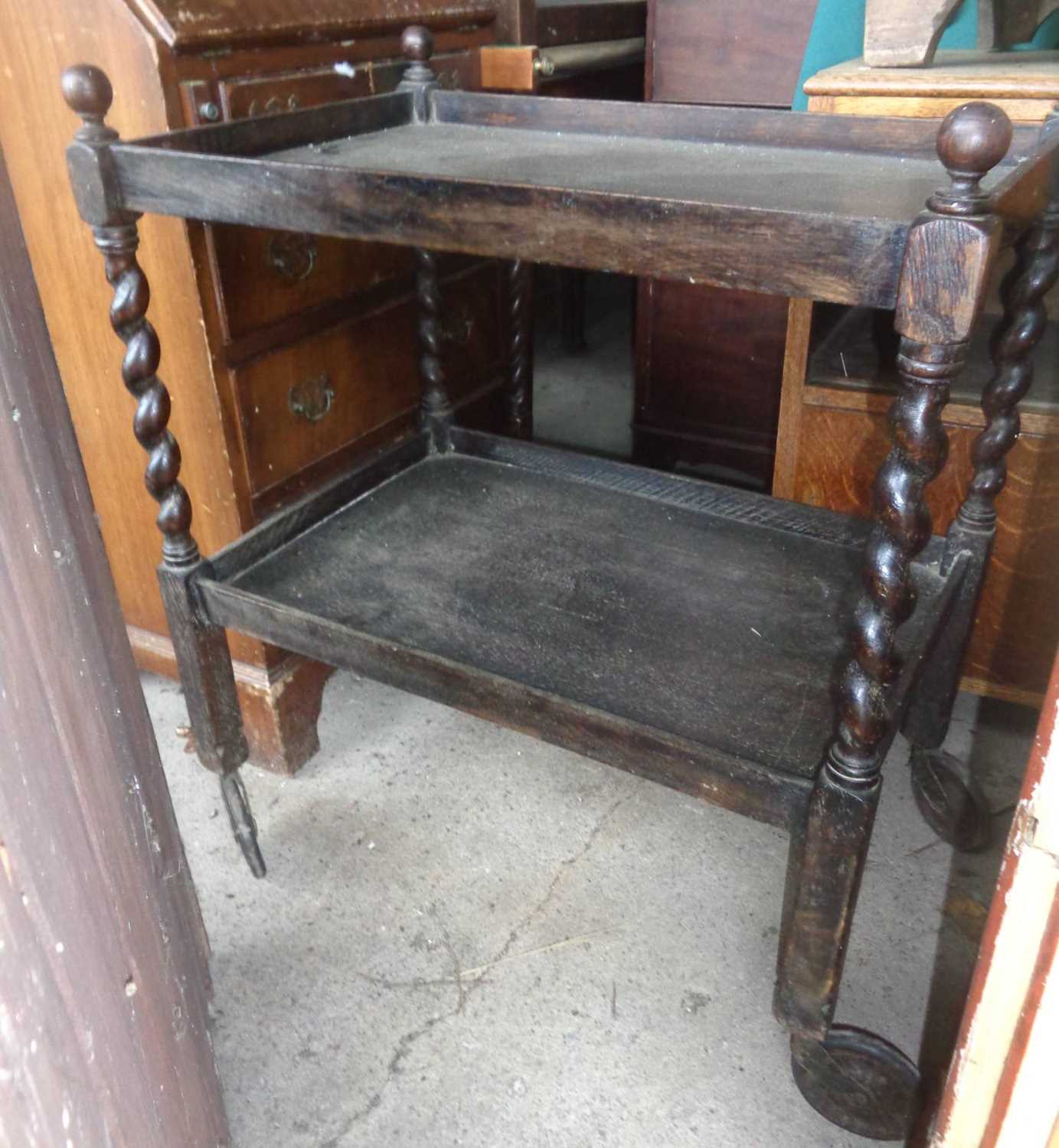 Two tier barley twist tea trolley with small 19th c. wall shelf