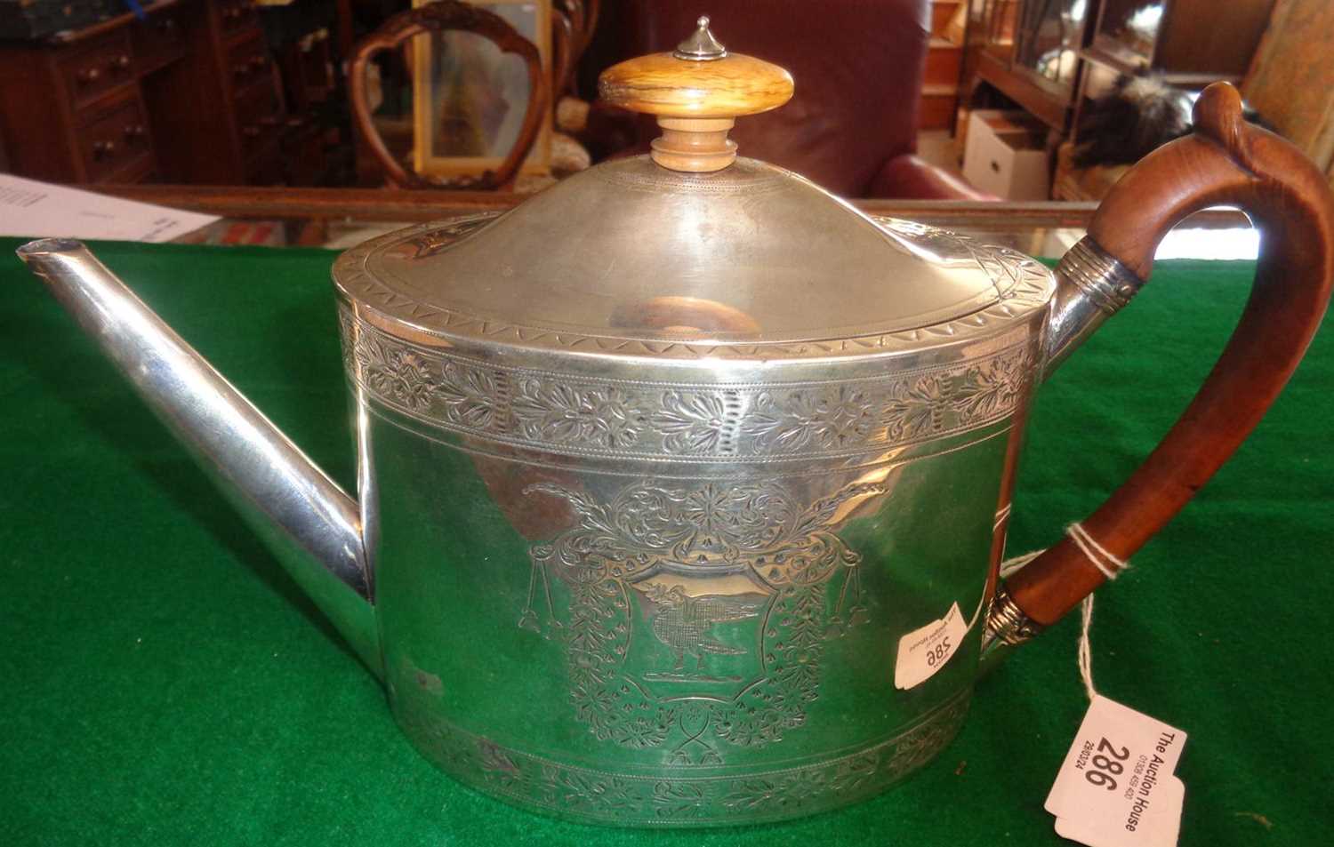 George III finely engraved silver teapot, hallmarked for London 1793, Henry Chawner, approx weight - Image 5 of 6