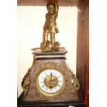 French ormolu mounted and shaped marble mantle clock having brass and enamel dial surmounted by