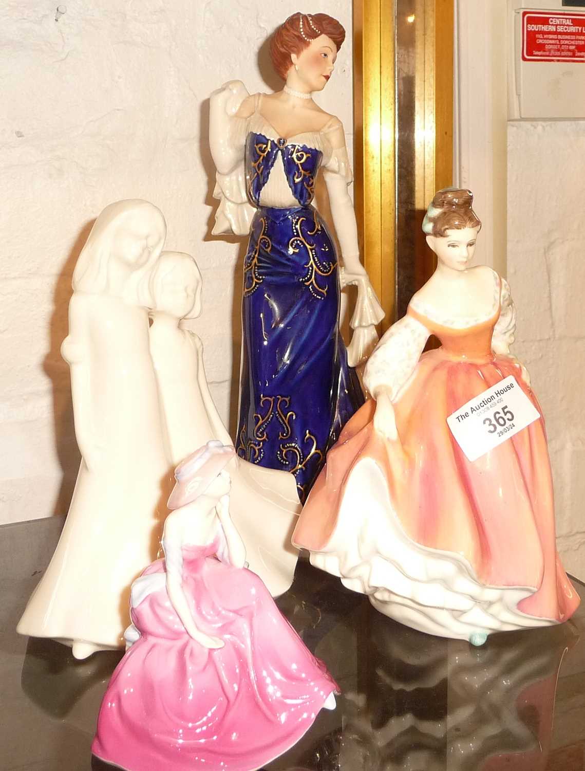 Royal Worcester figure of friendship, Royal Doulton figurine "Fair Lady" and two other china
