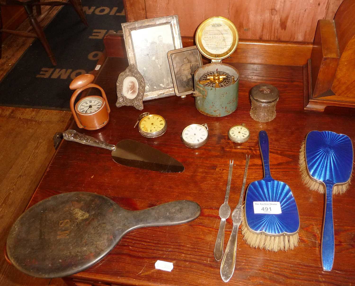 Silver handled cake slice, pocket watches, old framed photos and some time stamp clocks - Image 6 of 6