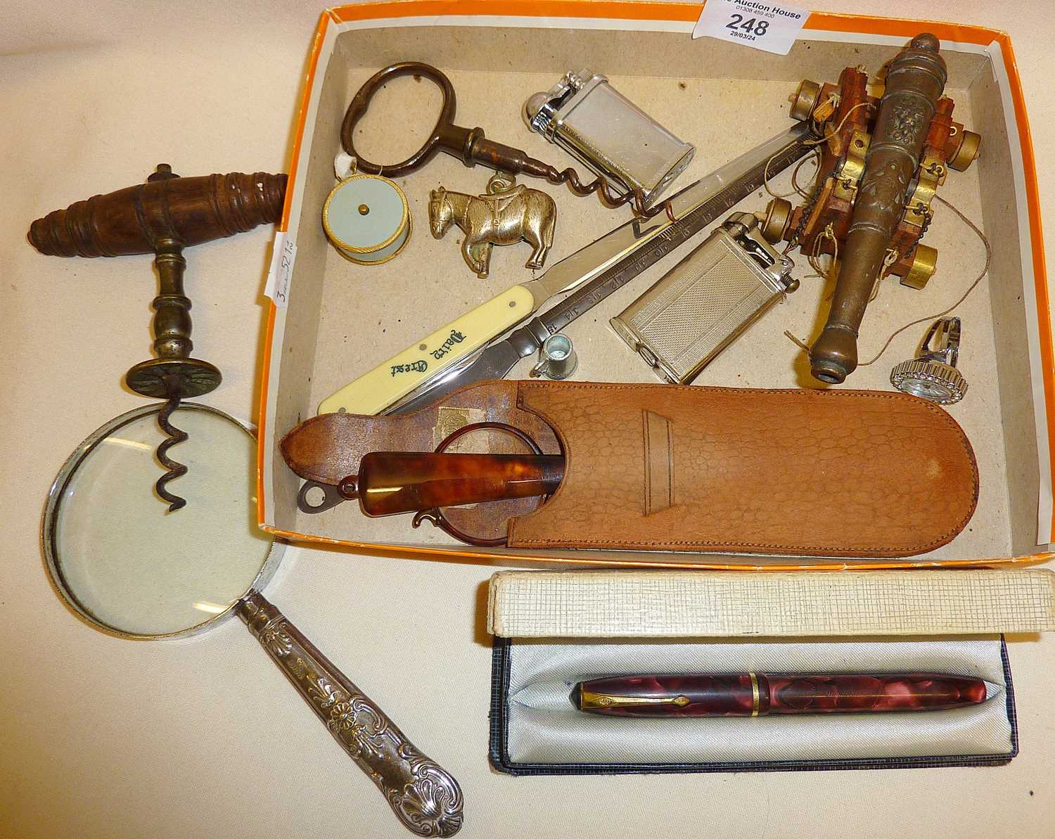 Lorgnettes, antique corkscrew with Henshall button, cannon model, silver handled magnifying glass,
