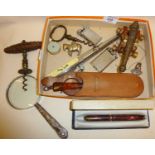 Lorgnettes, antique corkscrew with Henshall button, cannon model, silver handled magnifying glass,