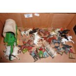 Cowboys and Indians diecast Britains and other figures: Timpo covered wagon, etc.