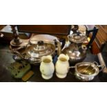 Four piece silver plated tea set and a "Widdecombe Fair" brass door knocker. Together with a pair of
