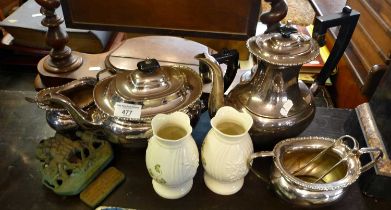 Four piece silver plated tea set and a "Widdecombe Fair" brass door knocker. Together with a pair of