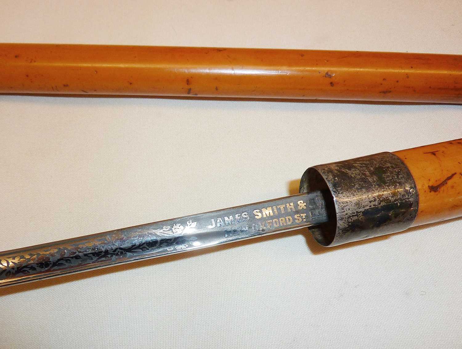 1930's Malacca cane swordstick - blade marked for James Smith & Son, approx. total length 89cm, horn - Image 2 of 8