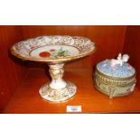 Continental porcelain and brass cased box decorated with cherub and forget-me-nots (A/F), together