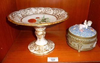 Continental porcelain and brass cased box decorated with cherub and forget-me-nots (A/F), together