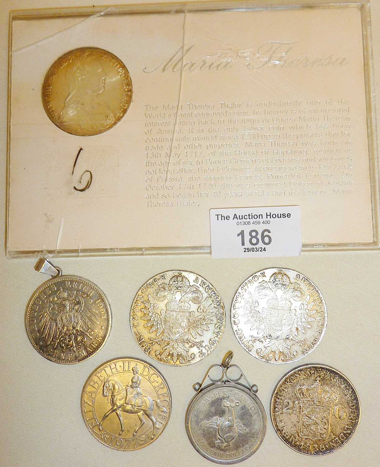 Three Maria Theresa Thaler silver coins and others, some silver and as medallions